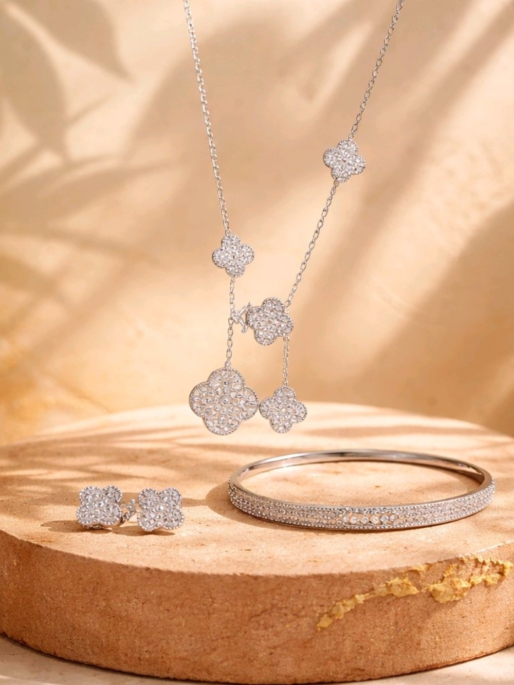 Mother's Day Sale-White Gold Filled Floral  Pendant Necklace and Earring Set $80